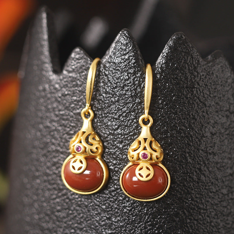 Gourd Nephrite Jade & Red Agate Drop Earrings-A Wish for Plenty
