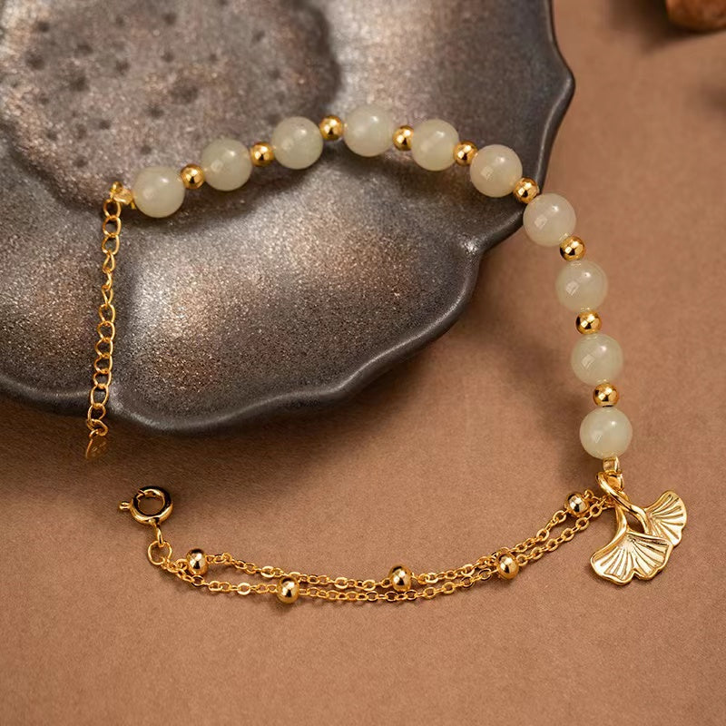 Apricot leaves Jade Beads Women Silver Bracelet-Prosperity