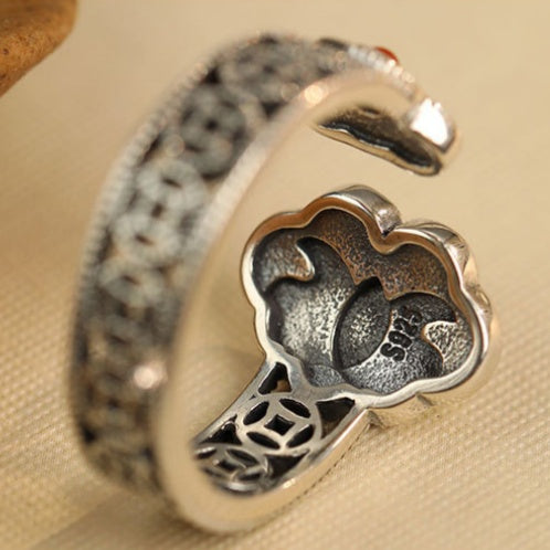 Enamel Ruyi Cloud Agate S925 Silver Adjustable Ring-Graceful Blessings