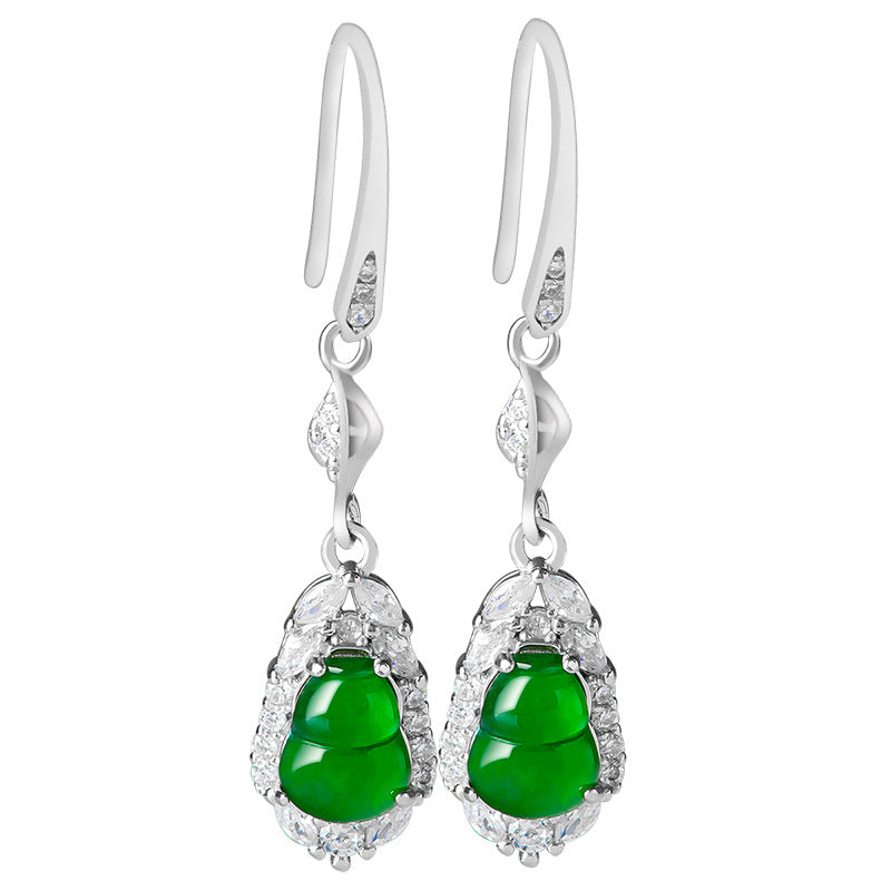 925 sterling silver Wulu jade earrings with elongated gourd drops