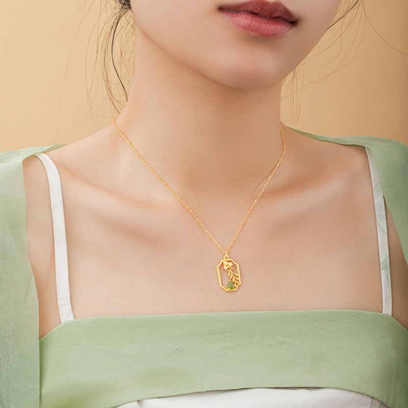Fortune in Bloom-Floral & Gourd Green Jade Necklace