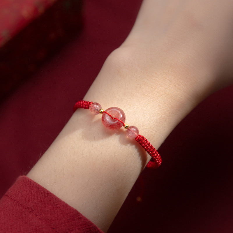 Peaceful Grace-Strawberry Quartz Ping An Kou Red String Bracelet