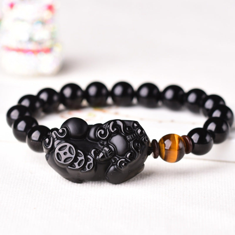 Natur-Schwarz-Obsidian Pixiu Tigerauge Perlen Schutzarmband
