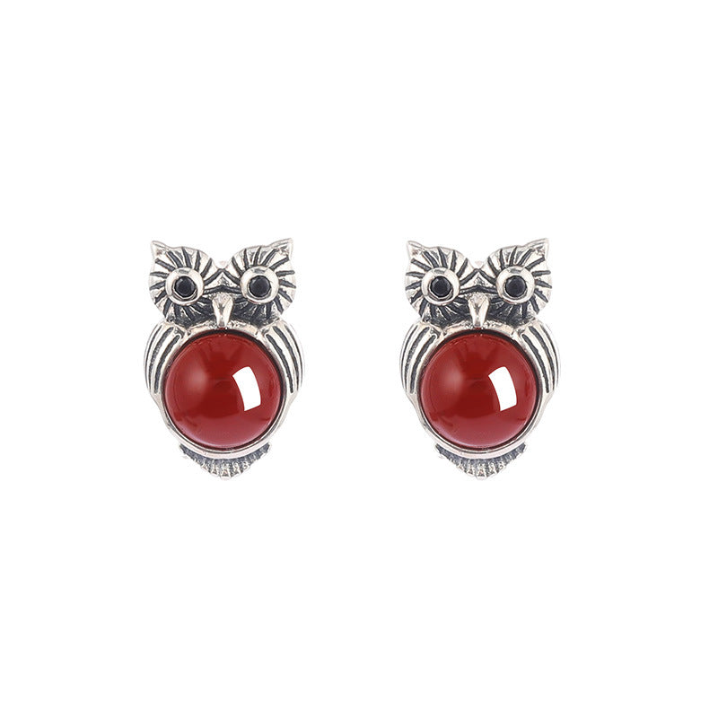 Quiet Wisdom-Owl Red Agate Sterling Silver Stud Earrings