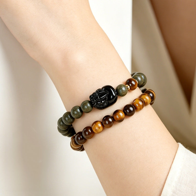 Tiger’s Eye Pixiu Double-Wrap Bracelet with Green Sandalwood