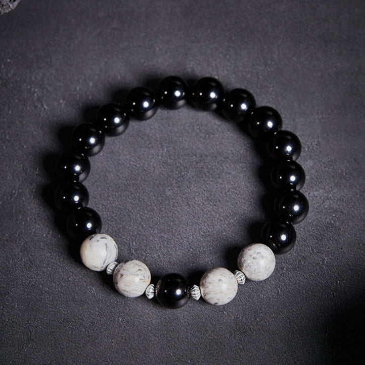 Obsidian and Map Jasper 925 Sterling Silver Beaded Bracelet-Quiet Contrast