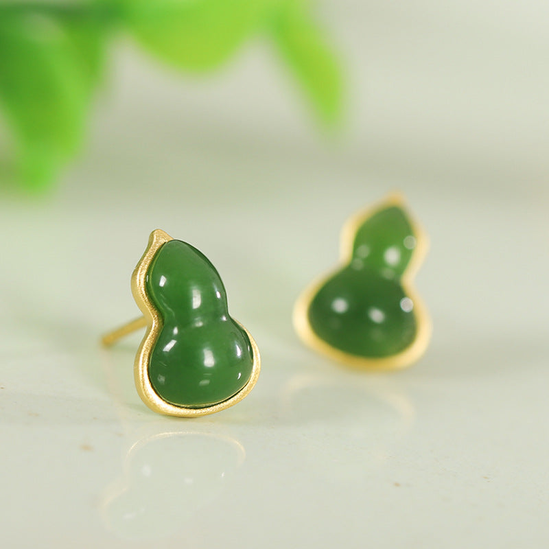 Gourd Nephrite Jade & Red Agate Stud Earrings-Blessings Close By