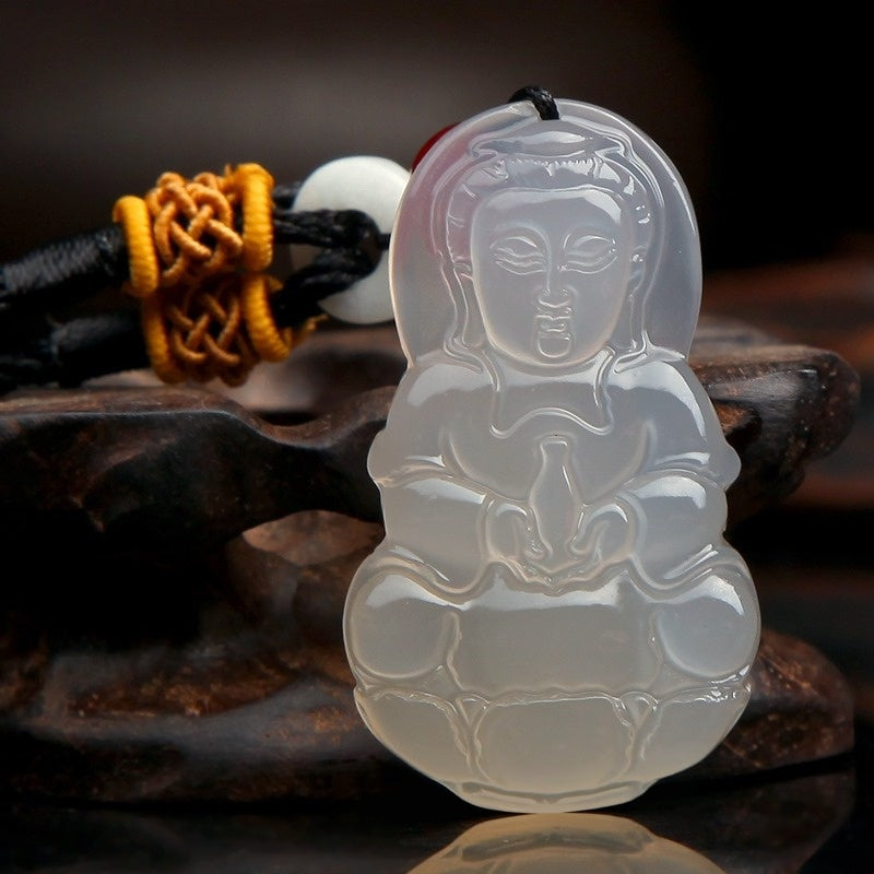 White Chalcedony Guan Yin Buddha Pendant Necklace