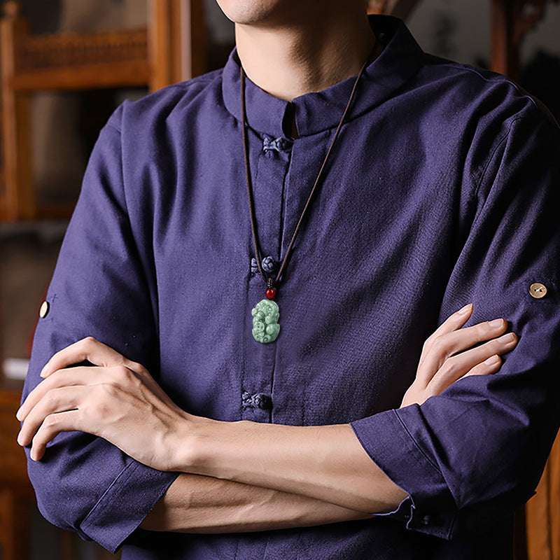 Natural Grade A Jadeite Pixiu Necklace-Hand Carved Wealth and Protection