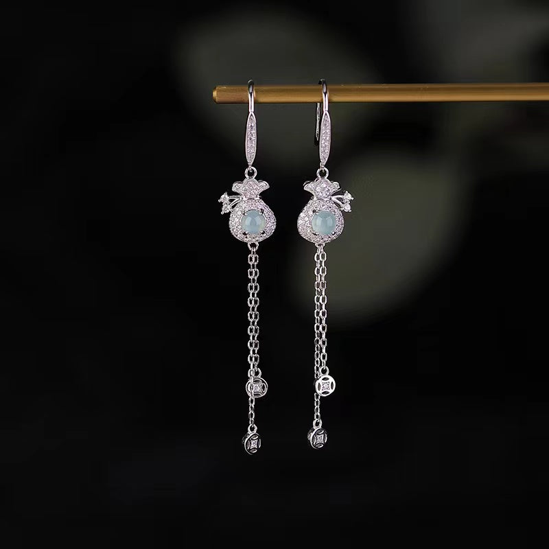 Ice Jade Money Bag Silver Drop Earrings-Luck Prosperity