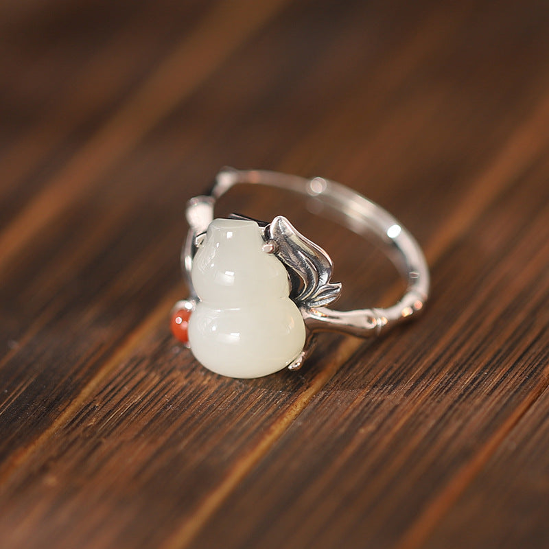 Nephrite Jade Gourd Bamboo 925 Sterling Silver Ring-Quiet Protection
