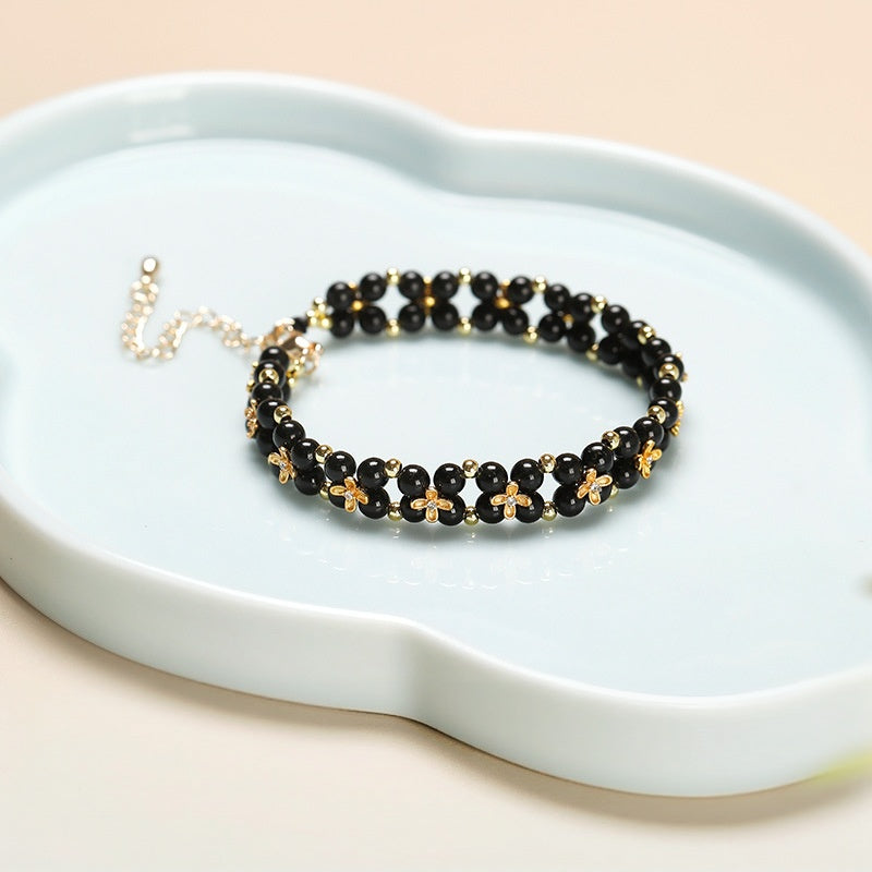 Quiet Fortune-Four-Leaf Clover Black Obsidian Bracelet