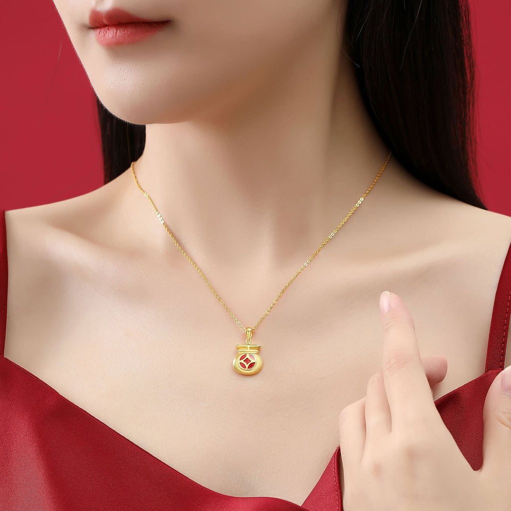 Glücksverheißende Feng Shui Gold Geldsack Anhänger Halskette