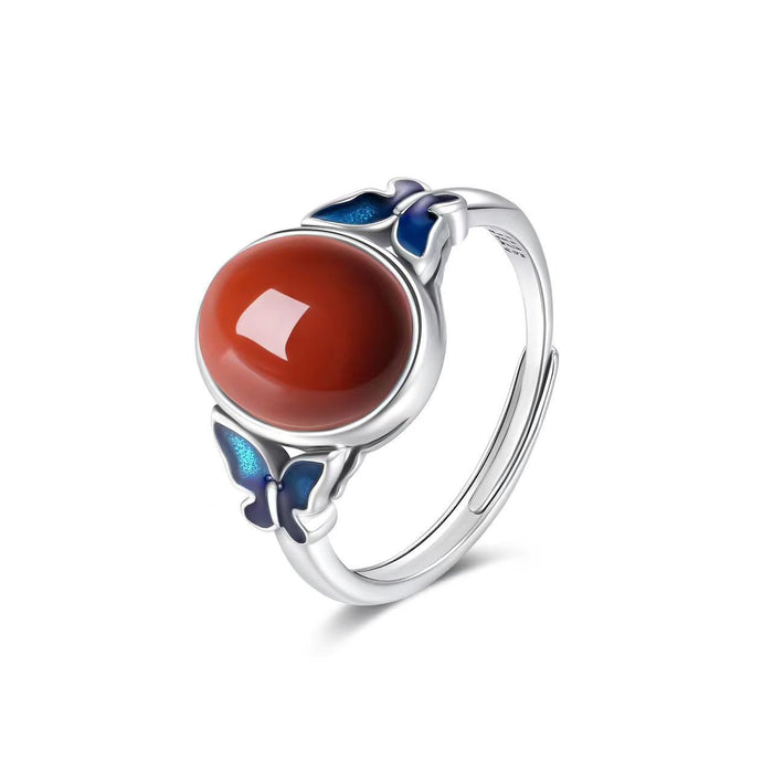 Blue Butterfly Red Agate Vintage Silver Ring-Luck Prosperity