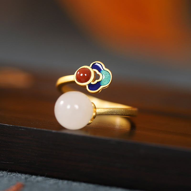Enamel Nephrite Jade Red Agate Adjustable Ring-Color in Balance