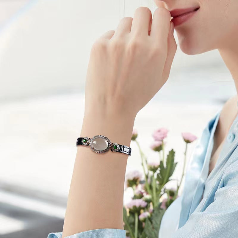 Luxury Blue Ice Jade Bracelet with Leather Strap -Attract Luck