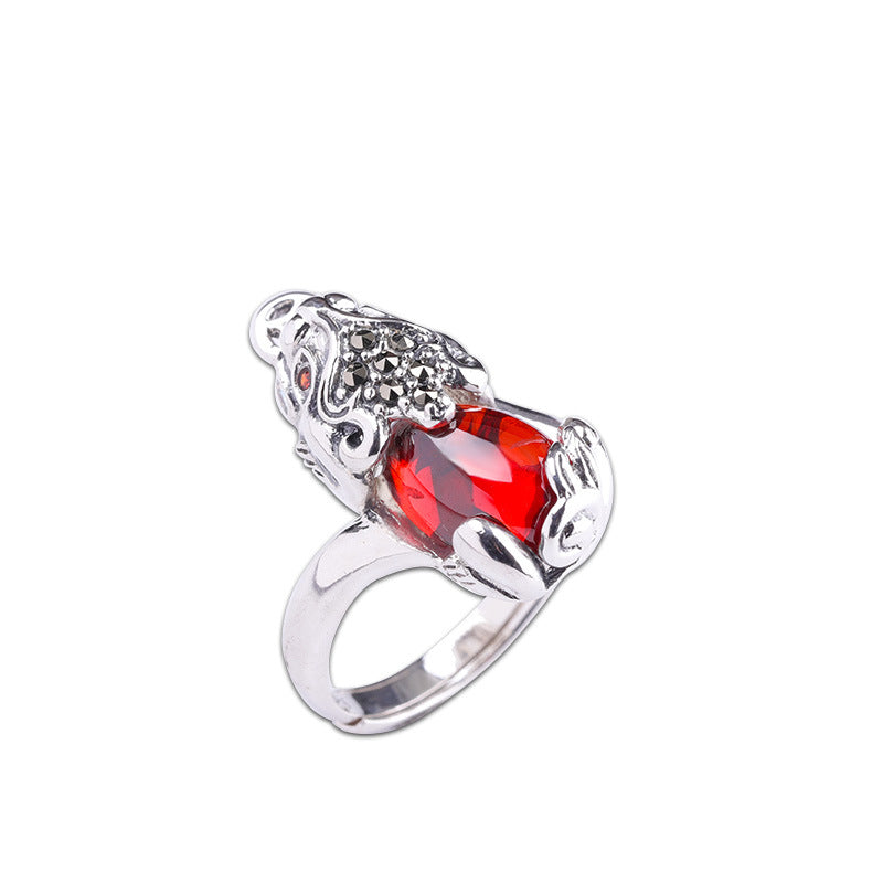 Natural Red Garnet Pixiu Thai Silver Wealth Ring