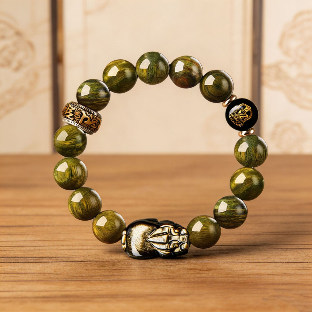 Gold Sheen Obsidian Pixiu Green Sandalwood Bracelet-Grounded Prosperity