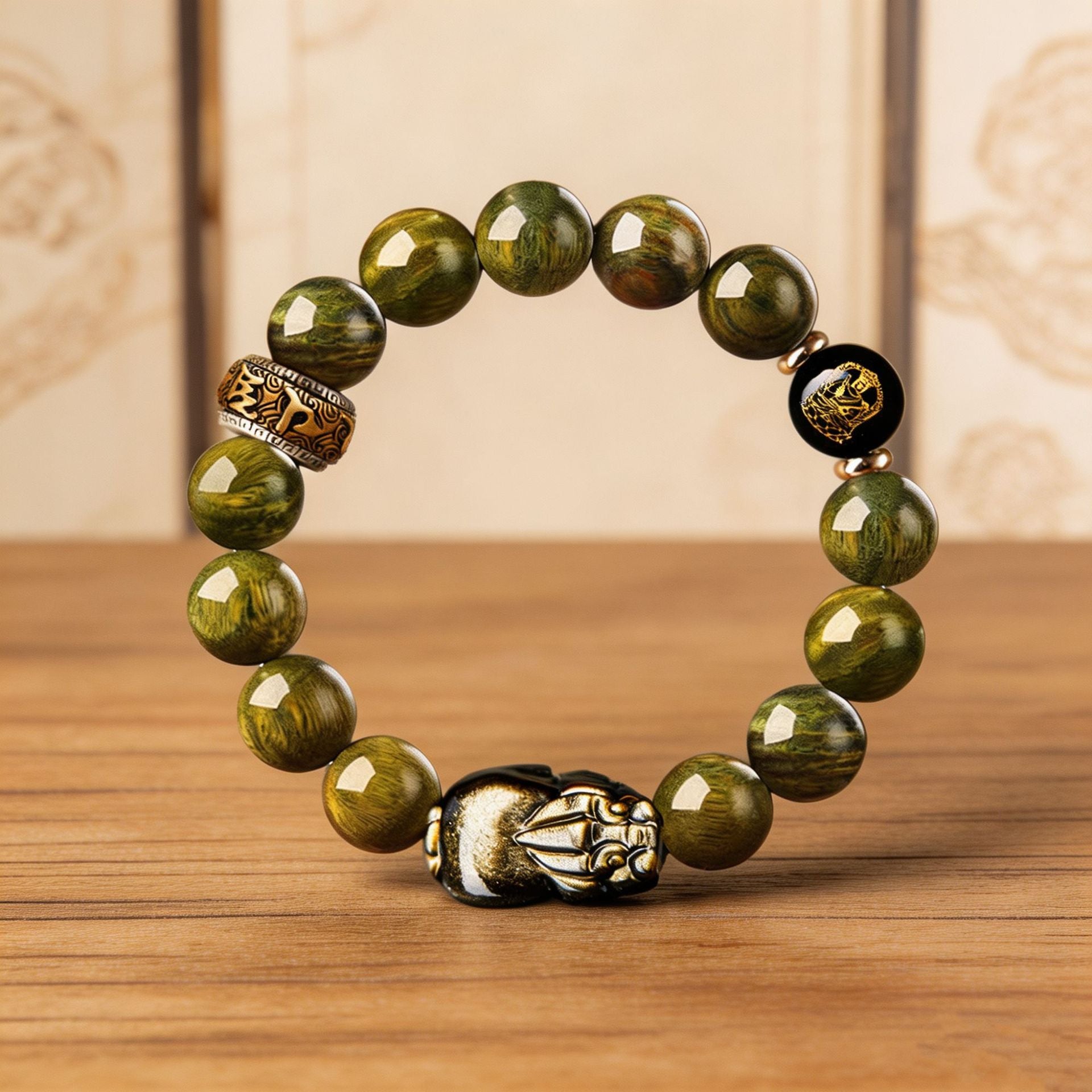 Gold Sheen Obsidian Pixiu Green Sandalwood Bracelet-Grounded Prosperity