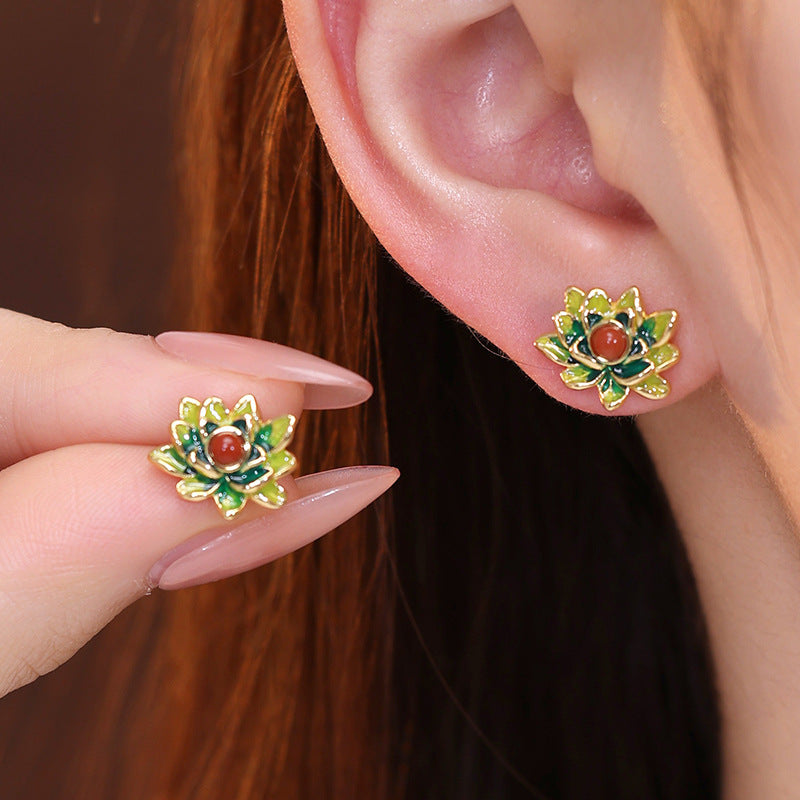 Lotus Red Agate Stud Earrings-A Quiet Unfolding