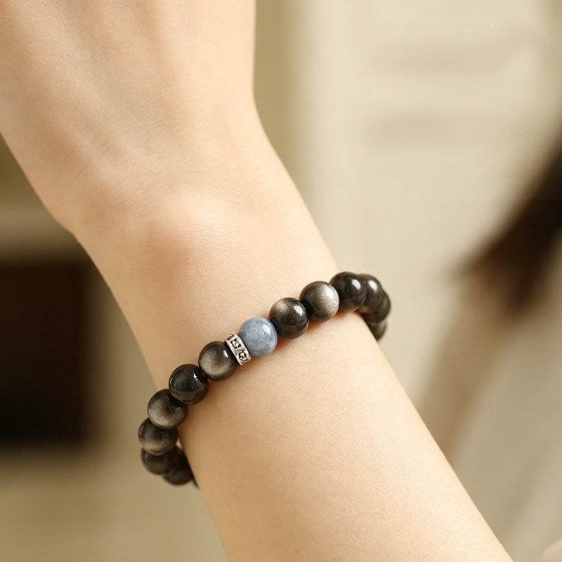 Centered Focus-Silver Obsidian Six-Character Mantra Bracelet