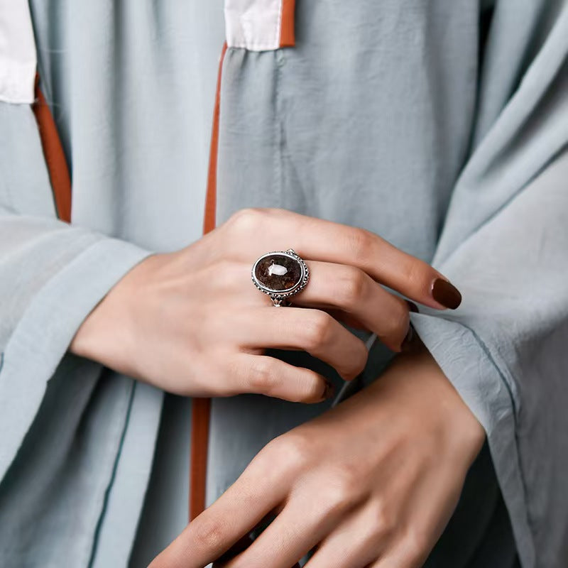 Black Phantom Quartz Vintage Ring-Stress Relief and Emotional Balance