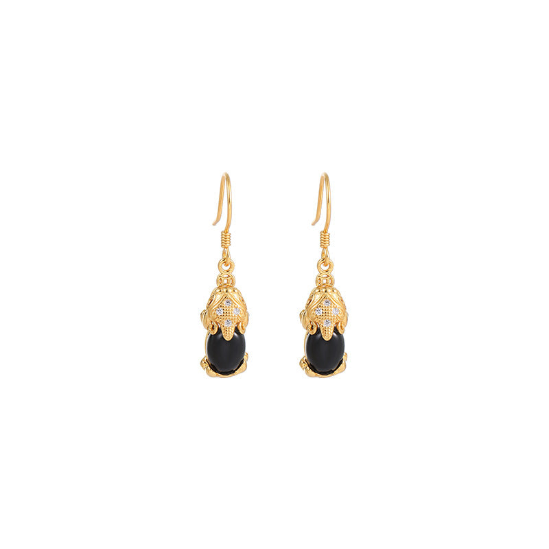 Wealth and Protection-Pixiu Black Agate Drop Earrings