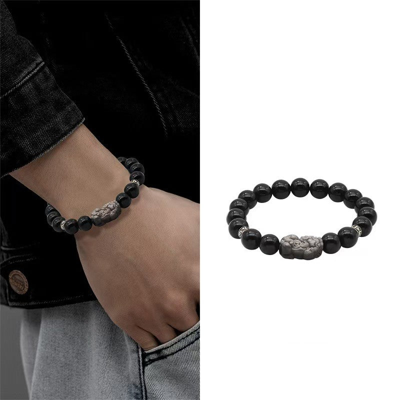 Silver Obisidian Pixiu Six True Words Bracelet-Attract Luck