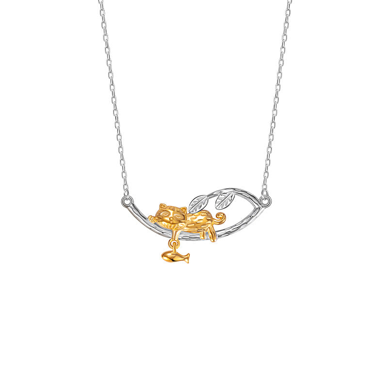 Cat and Fish Two-Tone Necklace-A Moment of Contentment