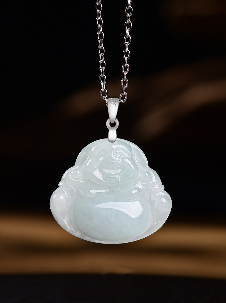 Joyful Serenity White Jade Laughing Buddha Pendant