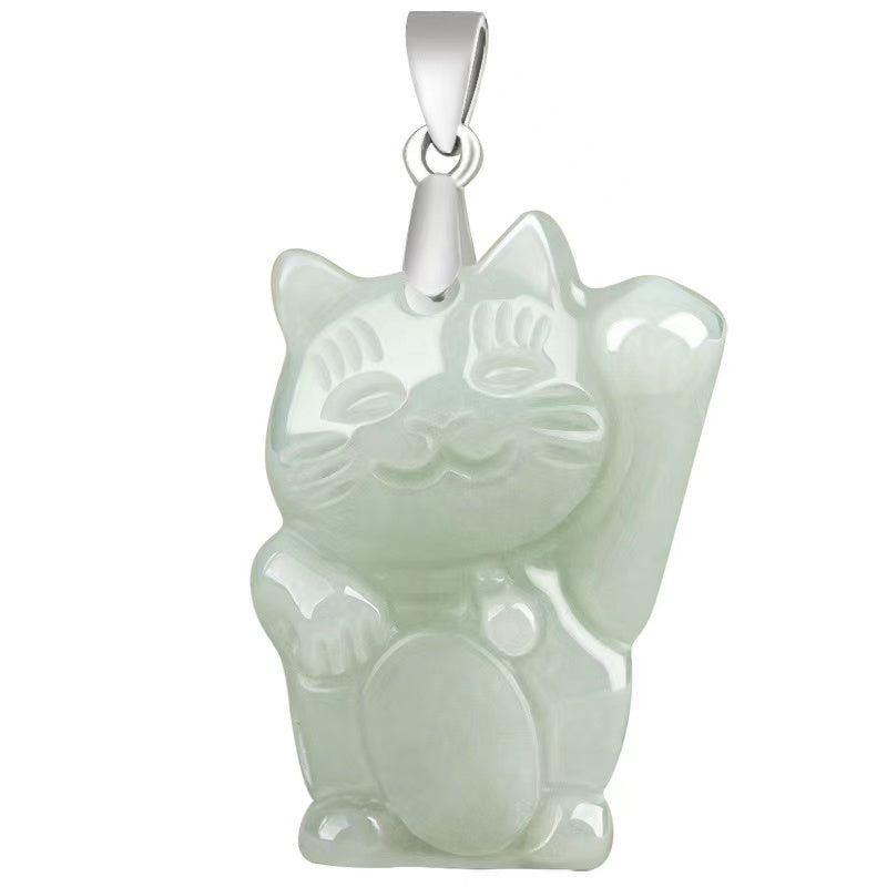 Maneki-neko White Jade Necklace-Lucky Fortune Waving Arm Cat