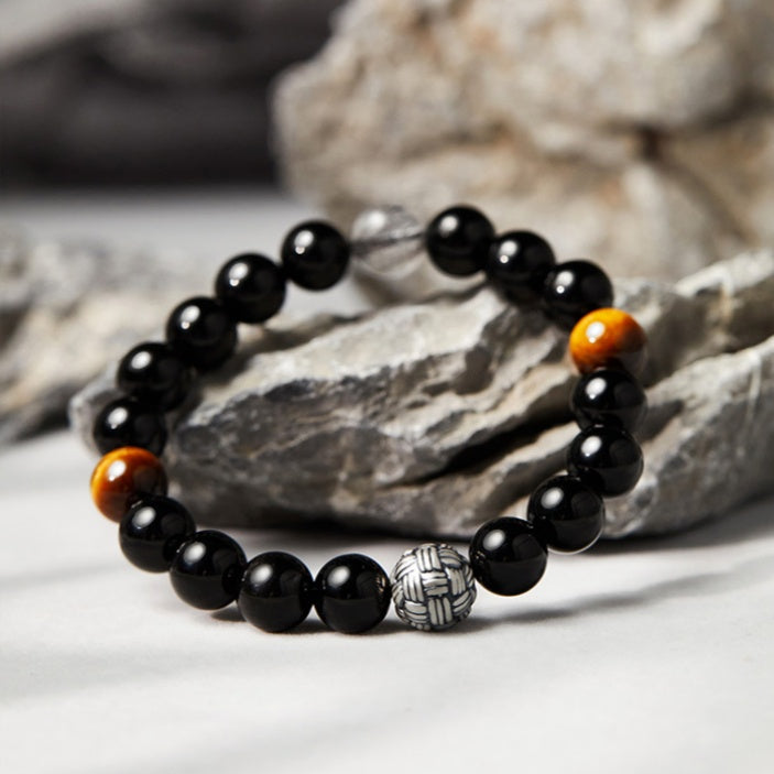 Intertwined Hearts-Fine Silver & Obsidian Bead Bracelet