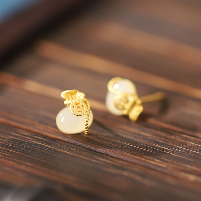 Fortune Pouch Gemstone Stud Earrings-Good Wishes Held Close