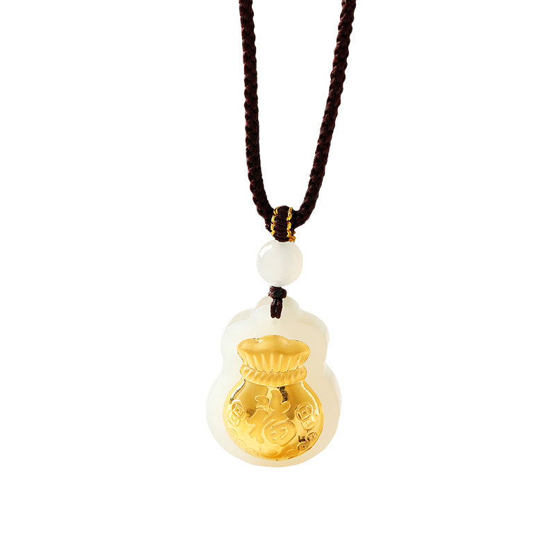 White nephrite jade fortune pouch necklace on clean white background