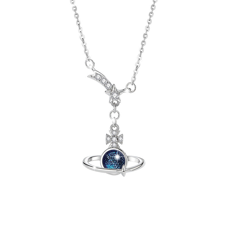 Saturn & Shooting Star Sterling Silver Necklace-Celestial Romance