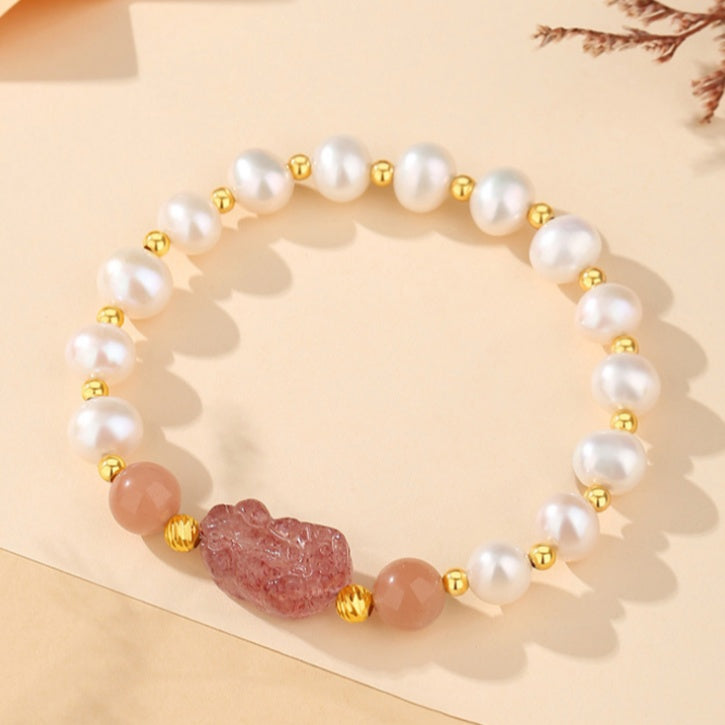 Pixiu Strawberry Quartz Sunstone Freshwater Pearl Bracelet-Joyful Blessings