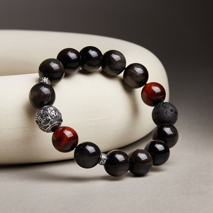 Silver Obsidian Lava Stone and Red Tiger's Eye Beaded Bracelet-Clear Composure