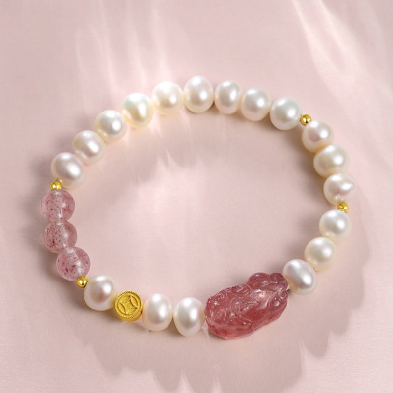 Love & Possibility-Pixiu Strawberry Quartz & Freshwater Pearl Bracelet