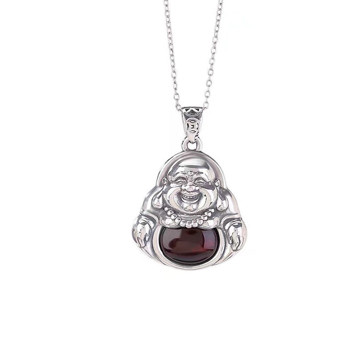 Natural Red Amber Laughing Buddha Silver Necklace-Divine Mind