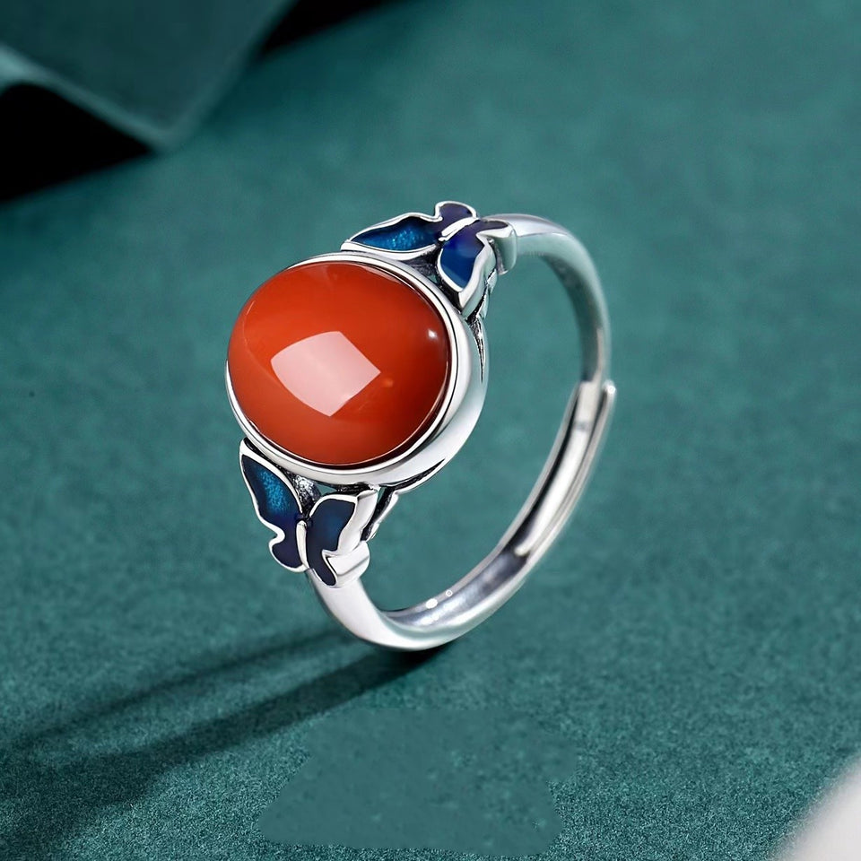 Blue Butterfly Red Agate Vintage Silver Ring-Luck Prosperity