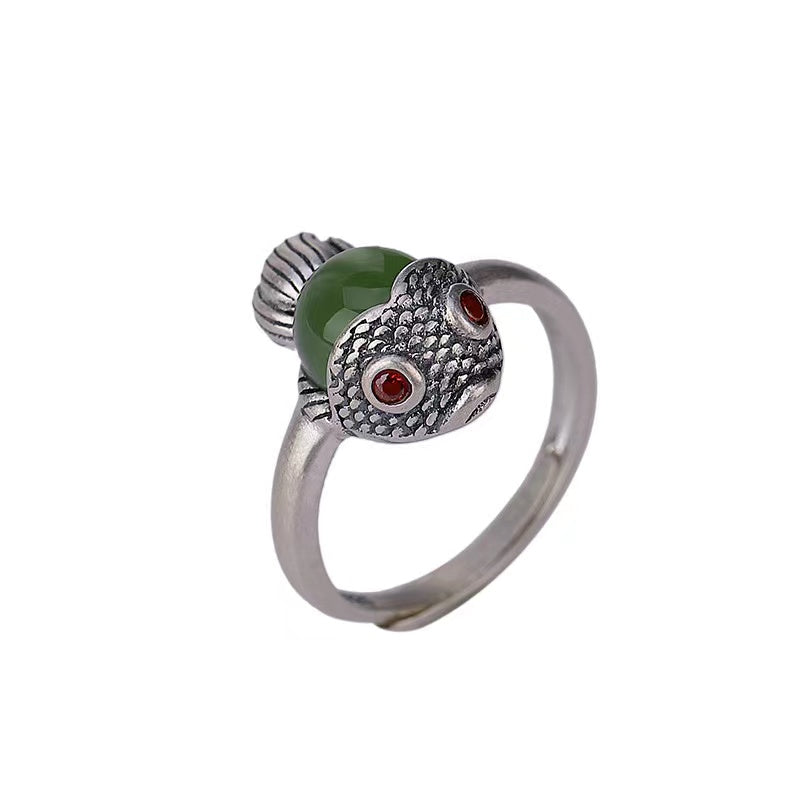 Green Jade Koi Fish Silver Ring-Luck Prosperity