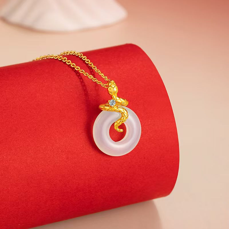 Gold Snake White Jade Pendant Necklace-Passion & Determination