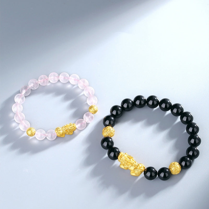 Welcoming Fortune-Pixiu Gold-Tone Couple Beaded Bracelet