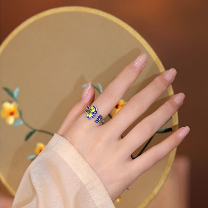 Enamel Ruyi Cloud Agate S925 Silver Adjustable Ring-Graceful Blessings