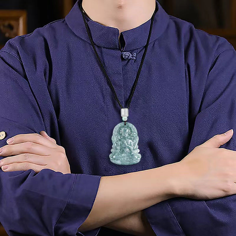 Guanyin Buddha Protection Pendant-Natural Blue Ice Jade
