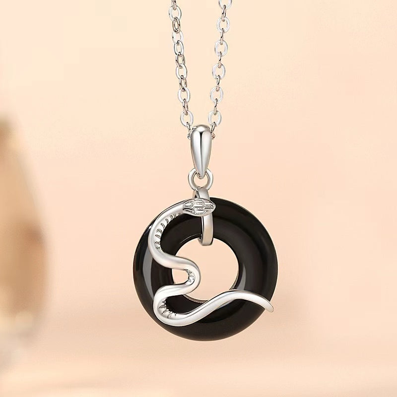 2025 Year Of Snake Black Agate Silver Necklace-Passion & Determination