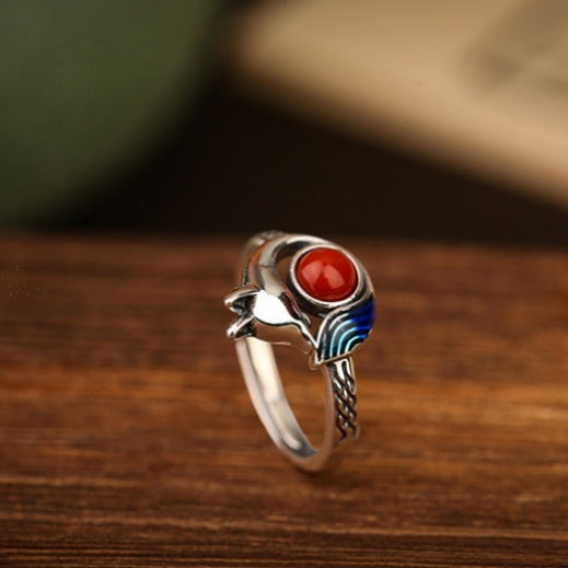 Playful Spirit-Fox Blue Enamel & Nanhong Agate Silver Ring