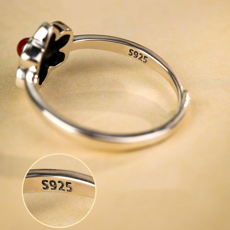 Six Syllable Mantra Red Agate S925 Silver Ring-Quiet in Bloom