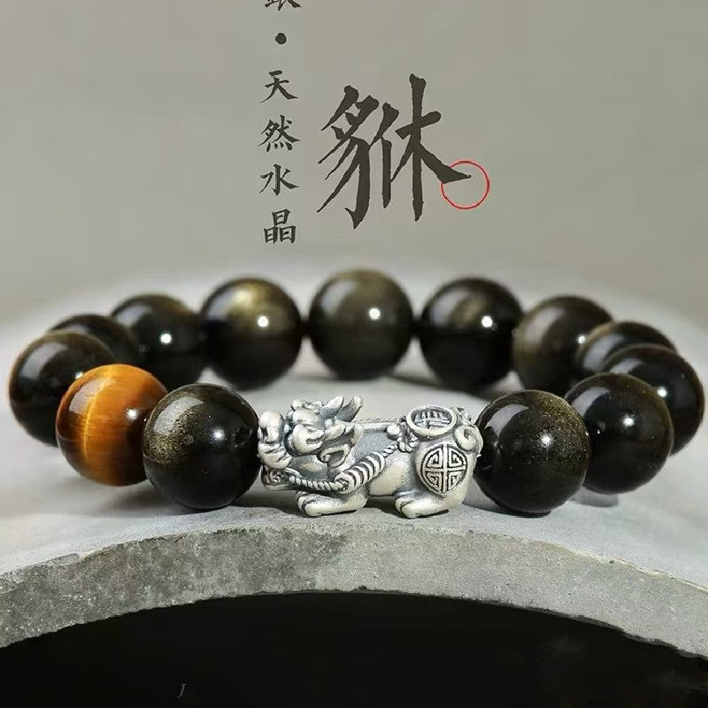 999 Silver Pixiu Gold Obsidian Bracelet-Attract Luck