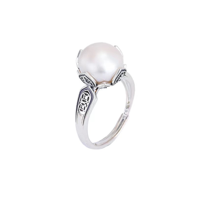 Natural Pearl Wealth Coin Vintage Silver Ring-Peace and Harmony